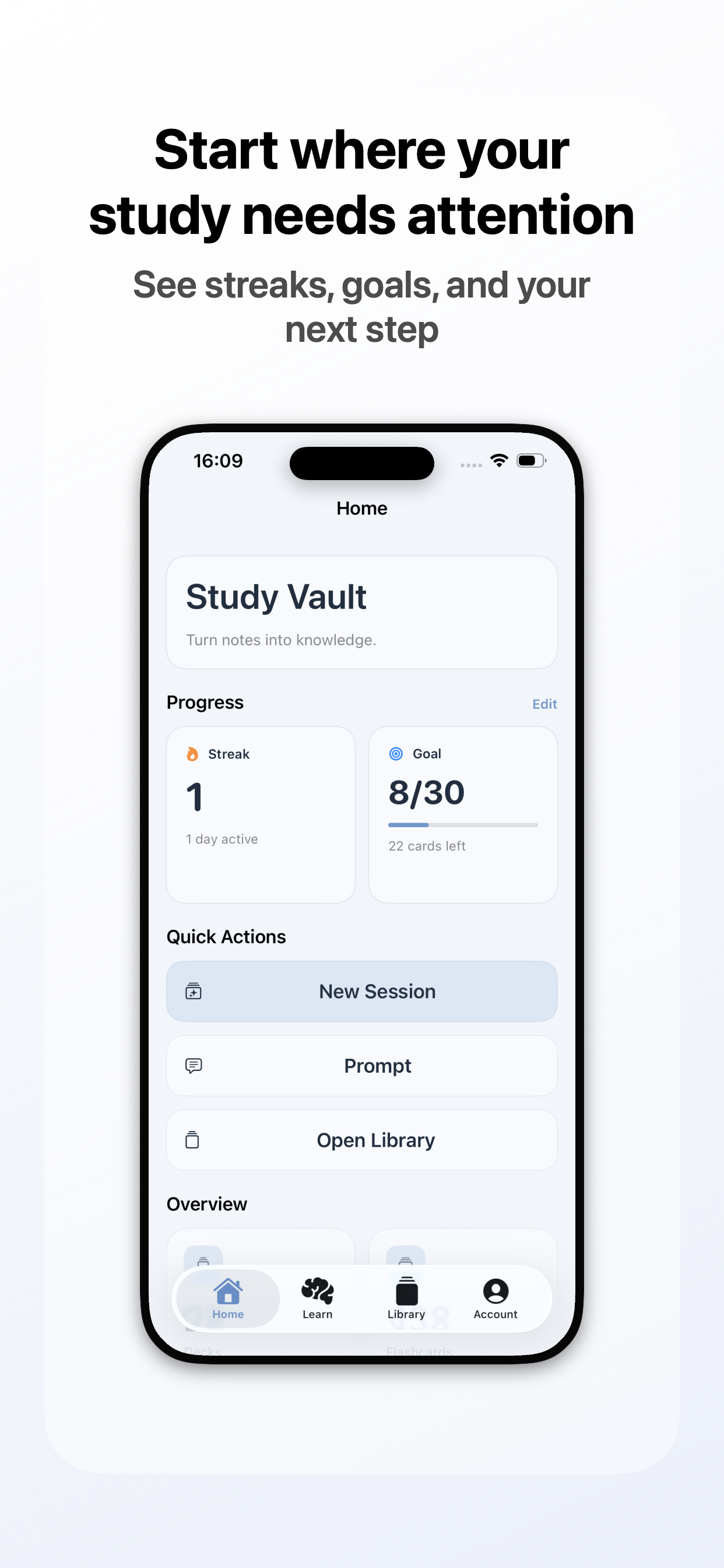 Study Vault AI screenshot: Start Where Study Needs Attention