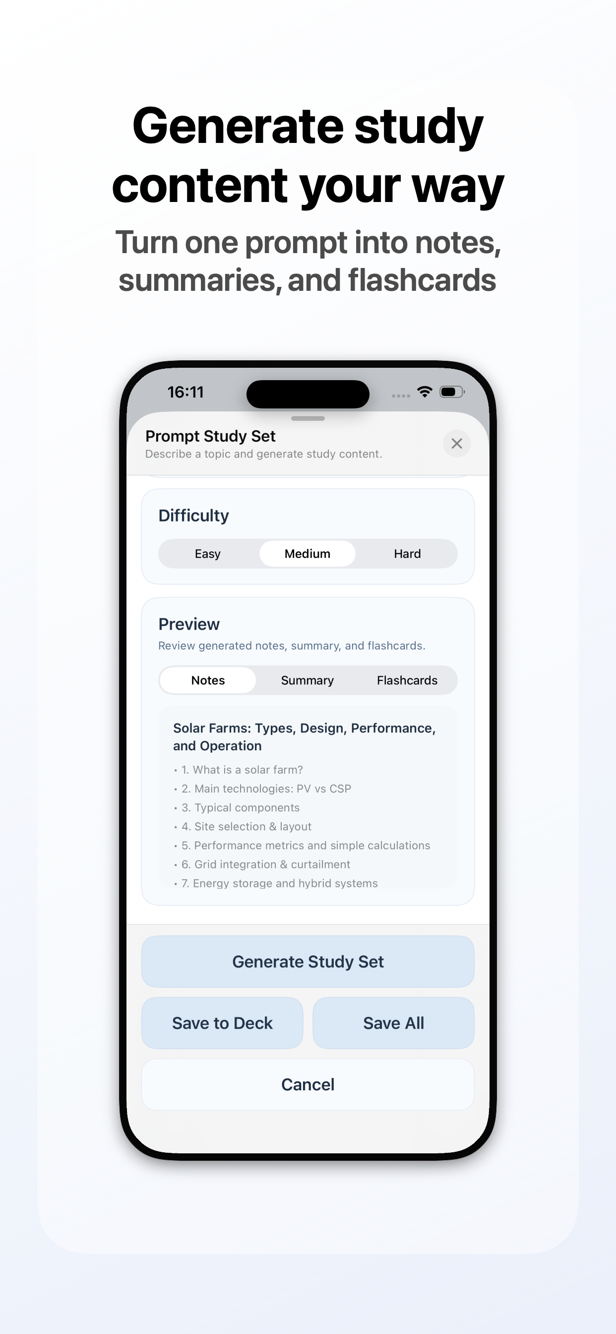 Study Vault AI screenshot: Generate Study Content Your Way