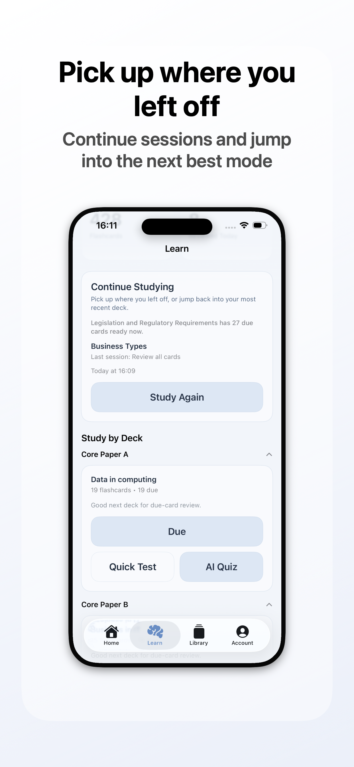 Study Vault AI screenshot: Pick Up Where You Left Off