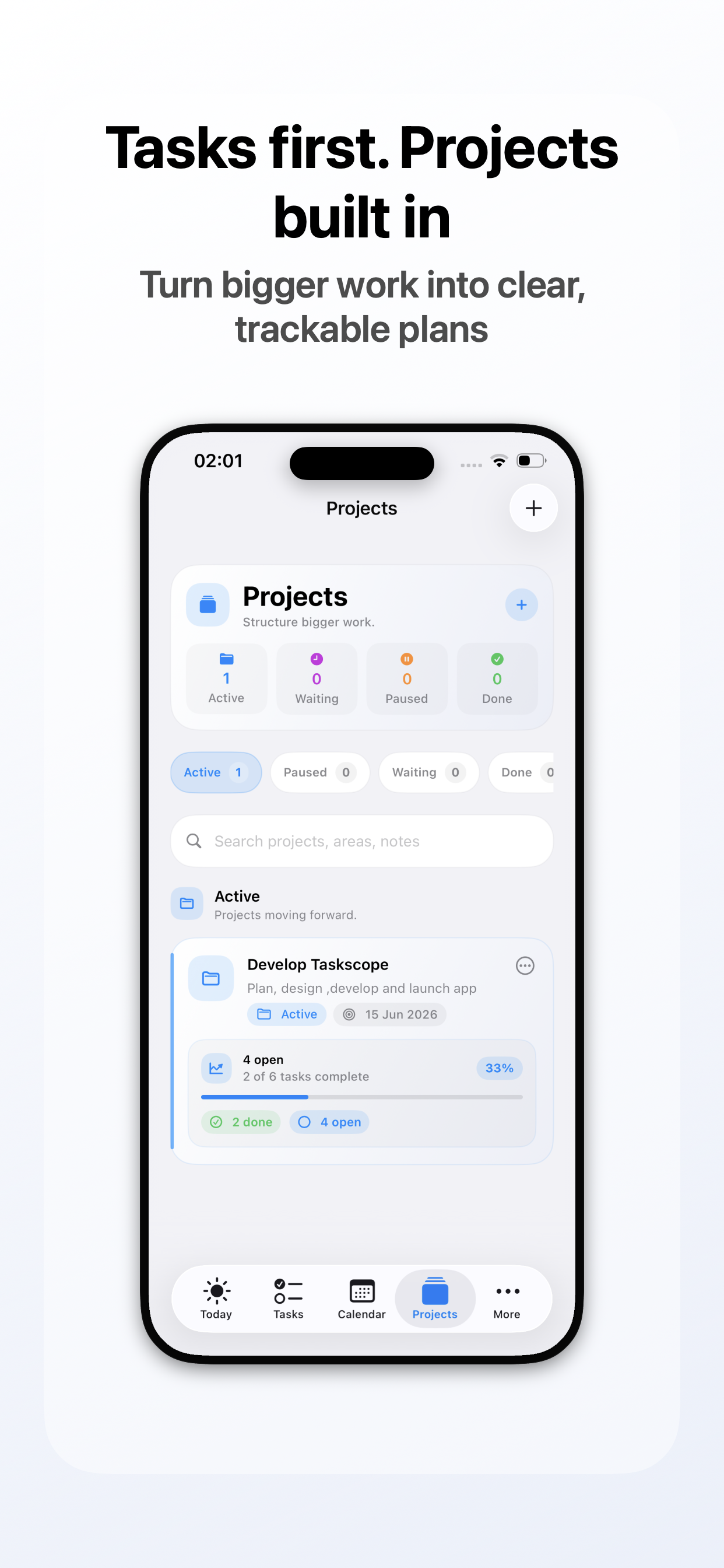 Taskscope screenshot: Tasks First, Projects Built In