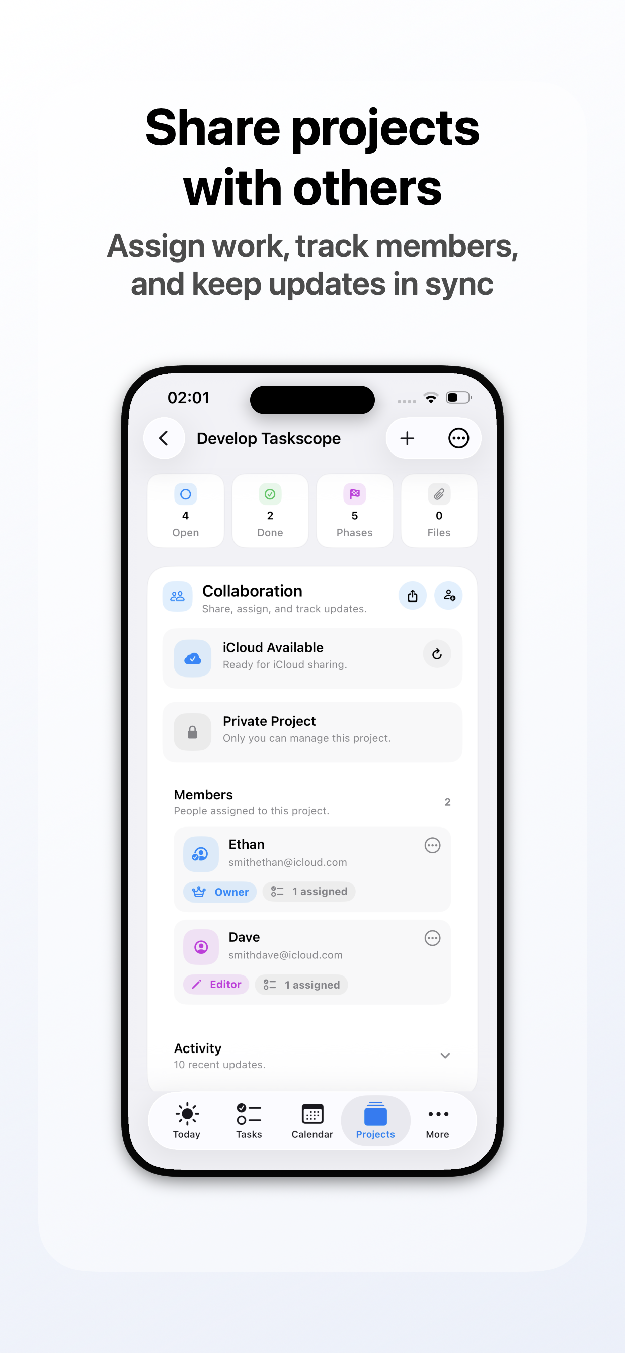 Taskscope screenshot: Share Projects with Others