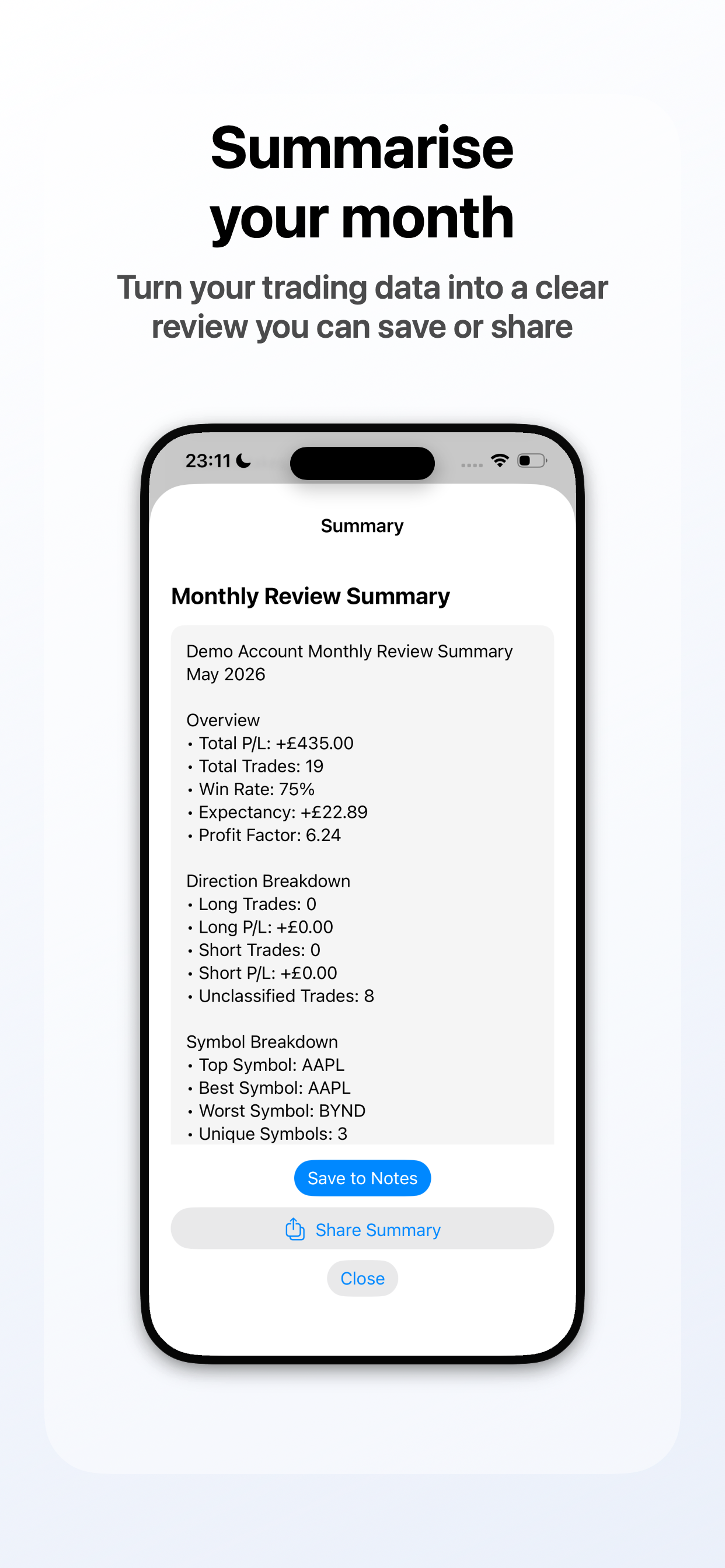 Trade Vault screenshot: Summarise Your Month